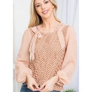 Ryu Top Blouse Poet Tan Cream Ivory NWT Chevron Sheer Balloon Sleeve Small